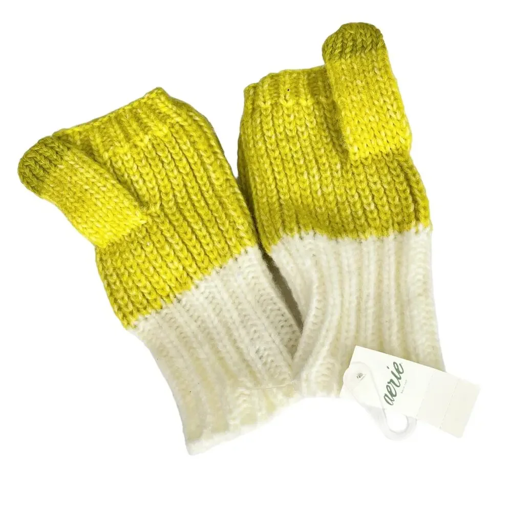 Aerie Gloves Mittens Convertible Flip Top Fingerless Green Cream Knit One Size